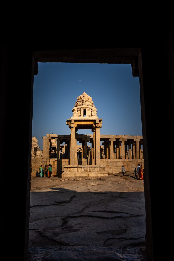 The many pillars and courtyard of the VeerbhadraSwamy Temple in Lepakshi, Andhra Pradesh, India.